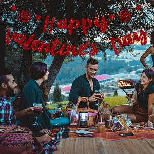 Red glitter Happy Valentine's Day banner with rose details for party decoration