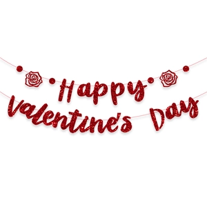 Glittering red Happy Valentine's Day garland banner with rose accents for party decor