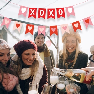 Valentine's Day XOXO bunting banner with pink hearts for romantic party decor