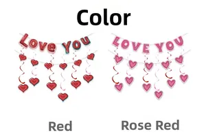 Close-up of Love You alphabet banners with red and rose heart hanging decorations