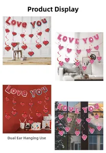 Detail view of Love You banner and heart spiral hanging decorations for home party