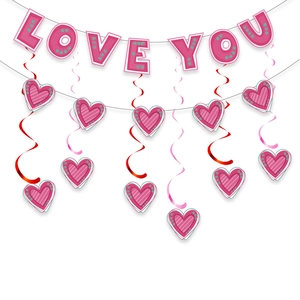 Detail of LOVE YOU hanging banner with pink heart swirls for wedding decoration