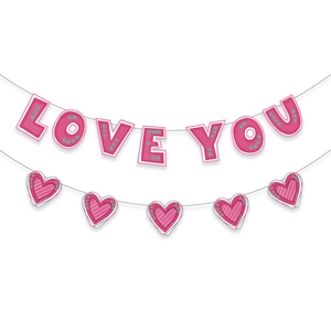 Detail view of pink 'LOVE YOU' hanging banner and heart garlands for wedding decor