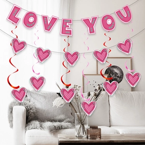 Pink LOVE YOU banner and heart swirl decorations set for Valentine room decor