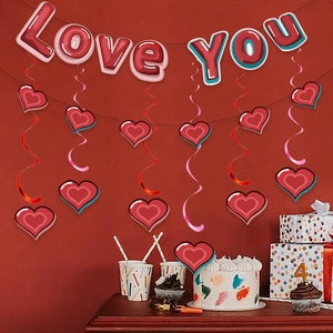 Romantic Love You banner set with red heart spiral swirls for Valentine party decor