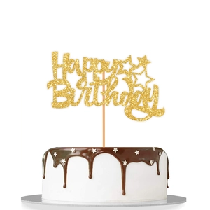Golden glitter Happy Birthday cake topper with star decorations for party supplies