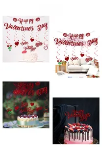 Detailed views of red glitter Valentines Day banner heart swirls and cake topper set