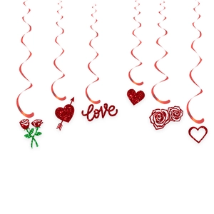 Red glitter Valentine's Day hanging swirl decorations with love hearts and roses