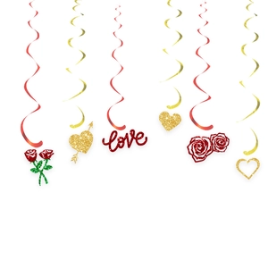 Sparkling red and gold Valentine's Day hanging swirls with glitter hearts and love charms
