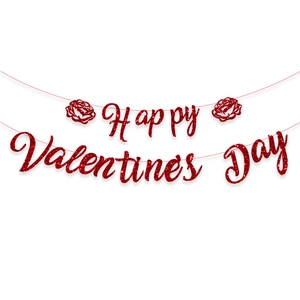 Glittery red Happy Valentine's Day banner with rose accents for romantic party decor