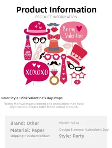 Pink Valentines Day photo booth props set with heart glasses and party hats on sticks