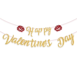 Golden glitter Happy Valentine's Day banner with red hollow roses on pink string