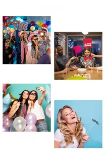 Various party photo booth props set including heart glasses and mustaches for events