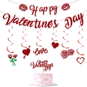 Red glitter Happy Valentines Day banner and hanging heart swirl party decoration set