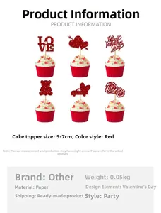 Macro view of red glitter Valentine's Day cake toppers showing dimensions and details