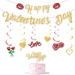 Detailed set of glittery Valentine's Day party banners, spiral swirls and cake toppers