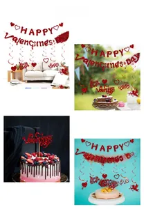 Details von roten Glitzer Valentine's Day Banner, Herz-Wirbeln und Tortendeko-Set