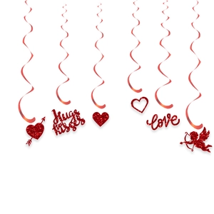 Valentinstag Hängedekoration mit roten Glitzer-Spiralen, Herzen und Love-Schildern