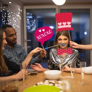 20-piece Valentine's Day party photo booth props with heart hats and mustaches on sticks