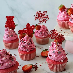Glittery red Valentine's Day cake toppers with bear, car and heart shapes for party dessert