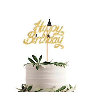 Golden glitter Happy Birthday cake topper with star and hat decor for party decoration
