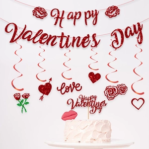Valentine's Day Decoration Set Glitter Paper Banner Spiral Hanging Ornament Cake Topper Heart Rose Romantic Party Decor