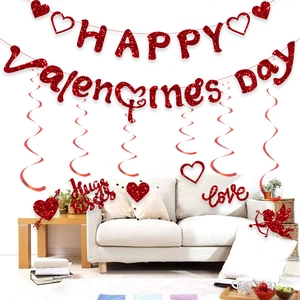 Valentinstag Party Deko Set mit rotem Glitzer Banner und Spiralanhängern