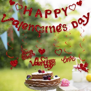 Valentinstag Party-Set mit Glitzerbannern, Herzspiralen und Tortenaufsatz