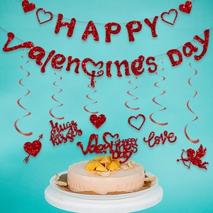 Valentinstag Deko-Set mit rotem Glitzer-Banner, Herz-Spiralen und Kuchendekorationen