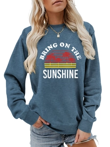 Detail of grey blue sweatshirt featuring Bring On The Sunshine vintage graphic print