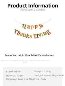 Detail of 16cm Happy Thanksgiving paper banner with pumpkin and maple leaf elements