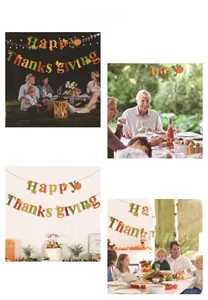 Happy Thanksgiving banner featuring pumpkin and maple leaf designs for party decorations