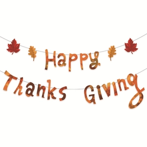 Happy Thanksgiving banner with autumn maple leaves for festive party wall decoration