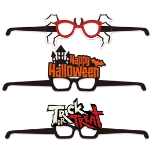 Three Halloween paper glasses featuring Happy Halloween, Trick or Treat and spider themes