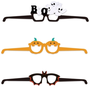 Three-piece Halloween glasses set featuring Boo ghost, orange pumpkin, and black bat designs