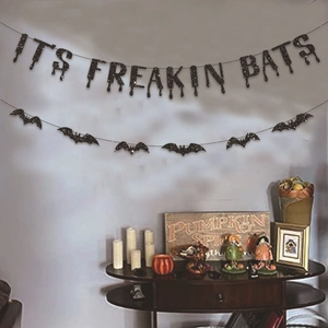 Bannière d'Halloween noire pailletée 'IT'S FREAKIN BATS' avec chauves-souris pour fête