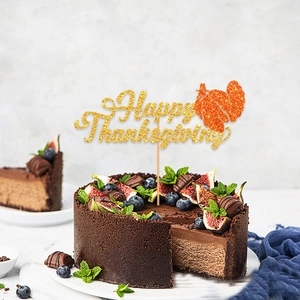 Décoration de gâteau Happy Thanksgiving pailletée avec dinde sur un gâteau de fête
