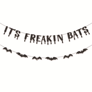 Banderole d'Halloween à paillettes noires avec texte It's Freakin Bats et chauves-souris