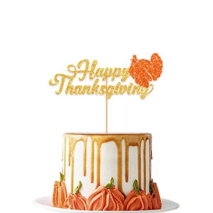 Décoration de gâteau Happy Thanksgiving pailletée avec dinde sur gâteau à la crème