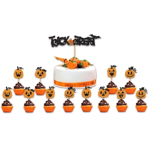 Halloween Trick or Treat cake topper set with orange pumpkin inserts for party decor