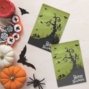 Halloween party invitation cards with spooky tree, bats and functional RSVP fields