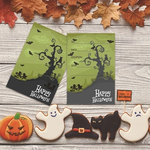 Halloween invitation cards set with spooky cartoon icons on gray wooden background
