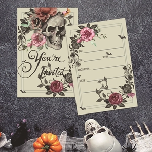 Gothic Halloween invitation card with skull and red rose illustrations on a dark stone background