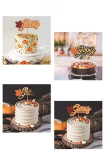 Detailed view of glitter maple leaf cake toppers with Thanks Giving artistic lettering