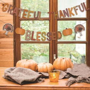Thanksgiving banner set with Grateful Thankful Blessed signs and pumpkin turkey cutouts