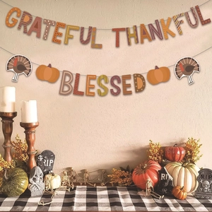 Thanksgiving banner set with Grateful Thankful Blessed lettering and pumpkin decors
