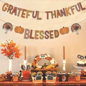 Grateful Thankful Blessed banner set with pumpkin and turkey for Thanksgiving decor