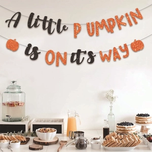 Glittery 'A little PUMPKIN is ON its WAY' banner for Thanksgiving baby shower decor