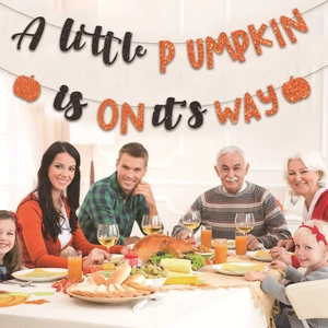 Glittery 'A little pumpkin IS ON its WAY' banner for baby shower and autumn party decor