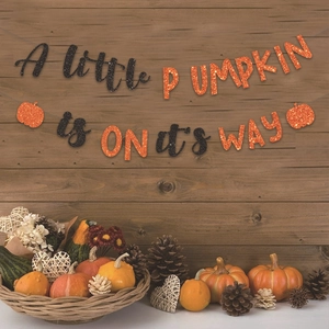 Glittery 'A Little Pumpkin Is On Its Way' banner for baby shower and autumn party decor